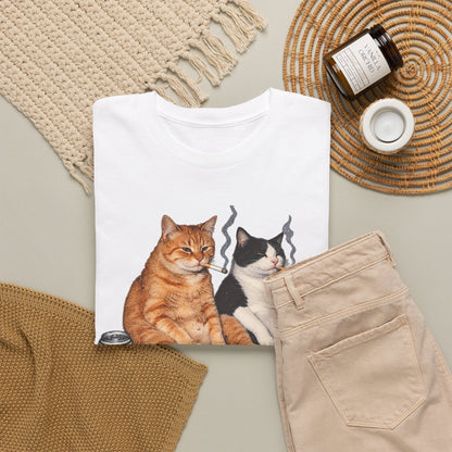 Cat Duo Tee — Relaxed Cats with Coffee Illustration