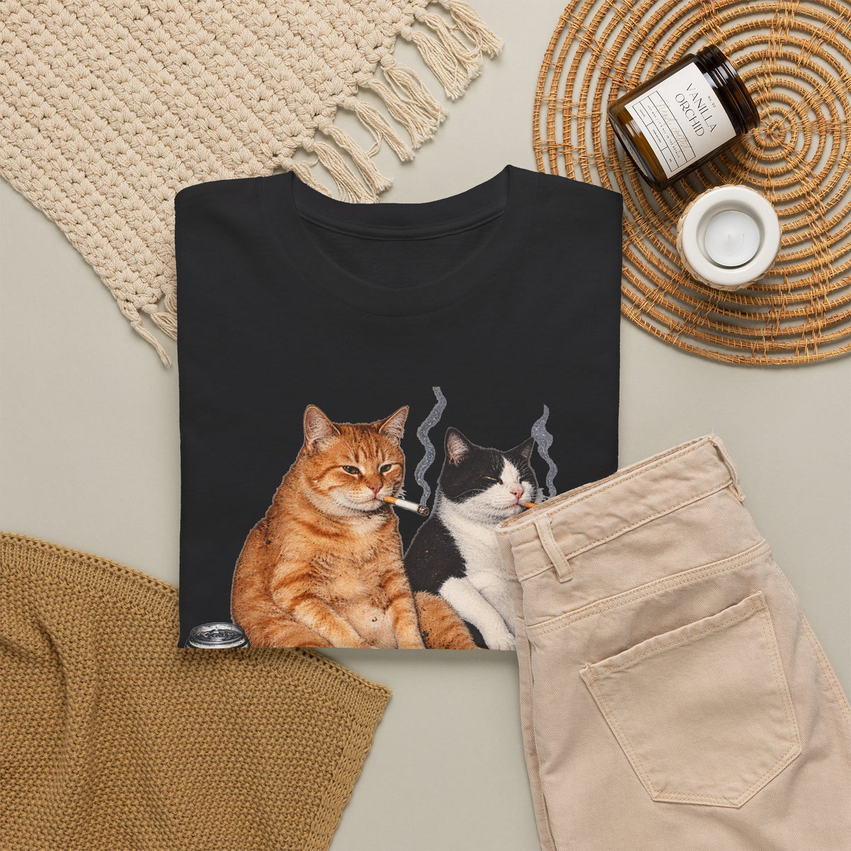 Cat Duo Tee — Relaxed Cats with Coffee Illustration