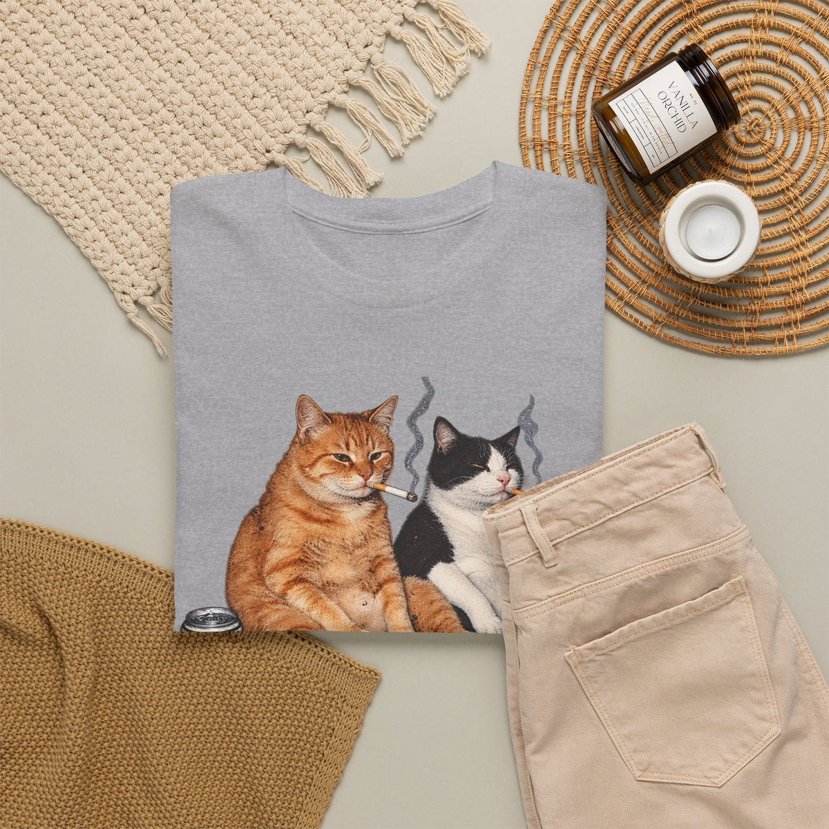 Cat Duo Tee — Relaxed Cats with Coffee Illustration