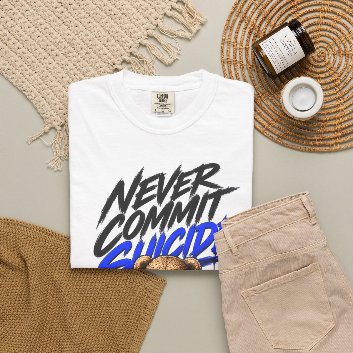 Never Commit Suii Teddy T-Shirt — Back-Print Mental Health Awareness Tee