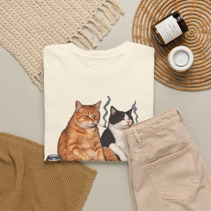 Cat Duo Tee — Relaxed Cats with Coffee Illustration