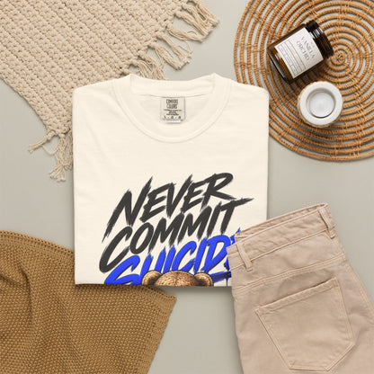 Never Commit Suii Teddy T-Shirt — Back-Print Mental Health Awareness Tee